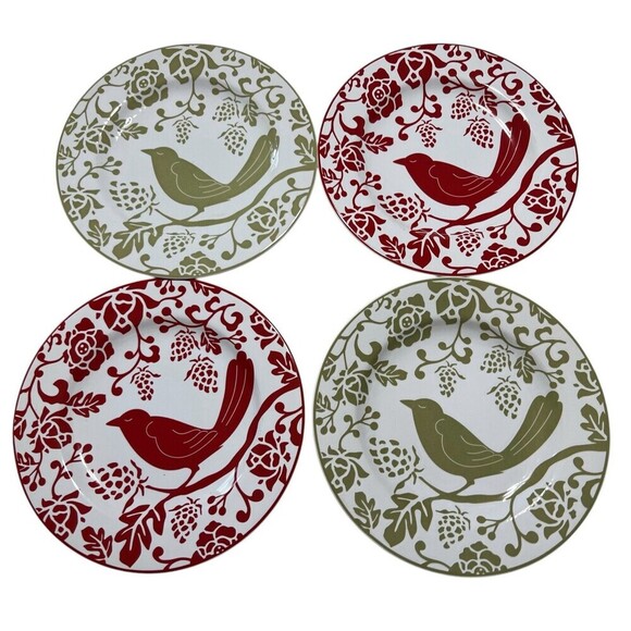 Set Of 4 Pier 1 Green & Red Bird Botanical 8.25” Salad/Dessert Plates - Picture 1 of 7